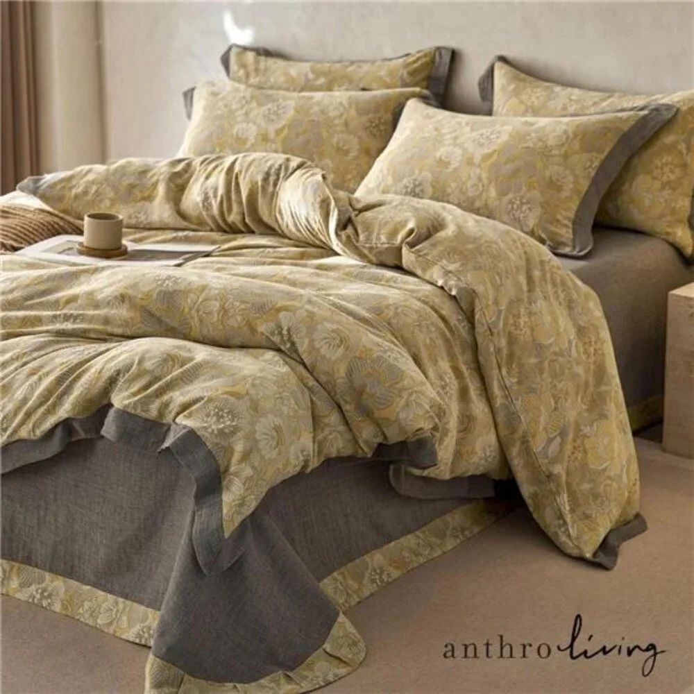 NEW Anthro Yellow Floral Jacquard Queen / King Cotton Bedding Duvet & Sham Set